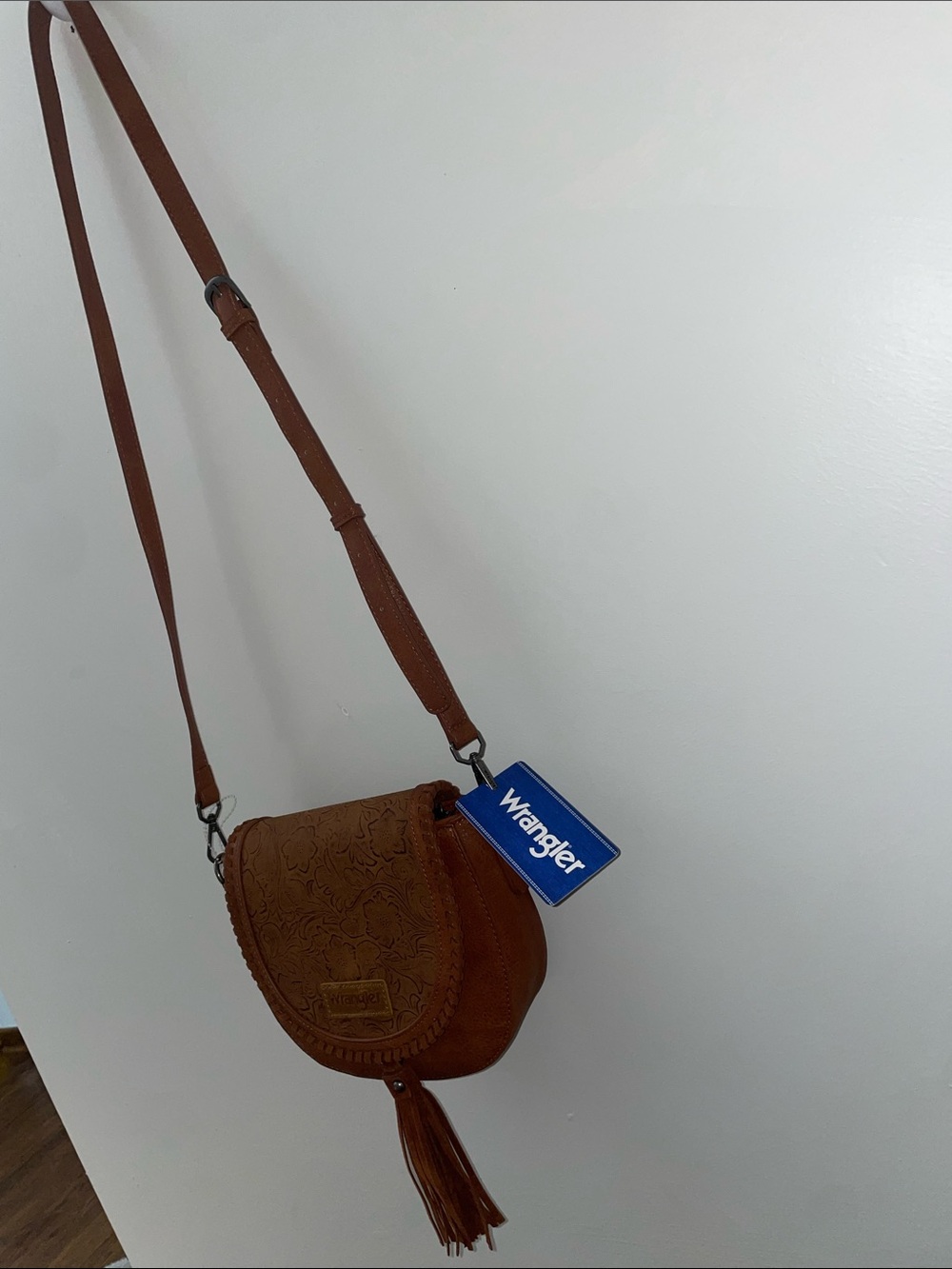 Wrangler Tan Floral-Embossed Crossbody Bag with Tassel